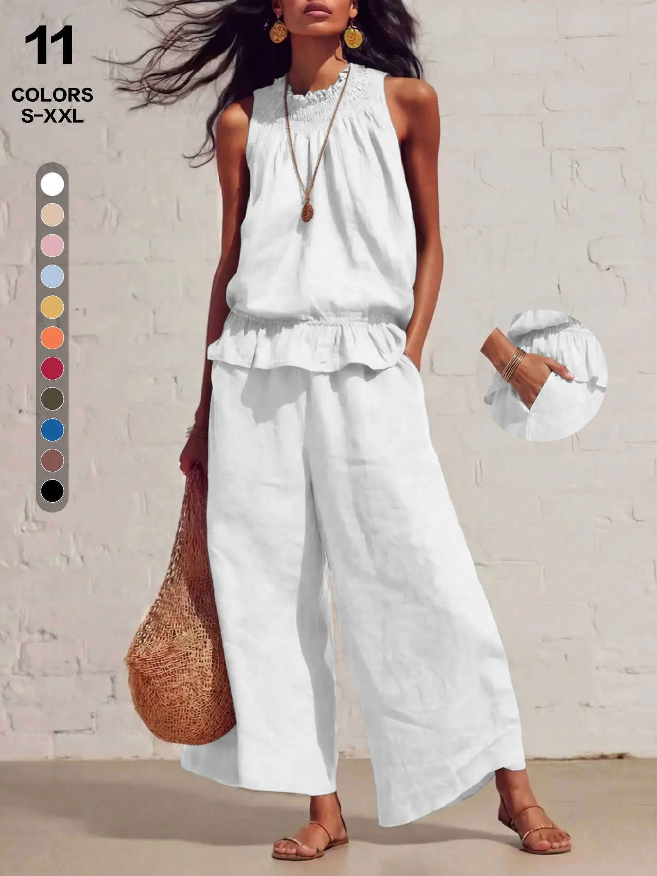 Wrinkle-Resistant Chic Halter Sleeveless Shirred Two Piece Pant Suit, Adjustable Hollow Back Blouse, Cinched Slim Waist, Wide Leg Pants