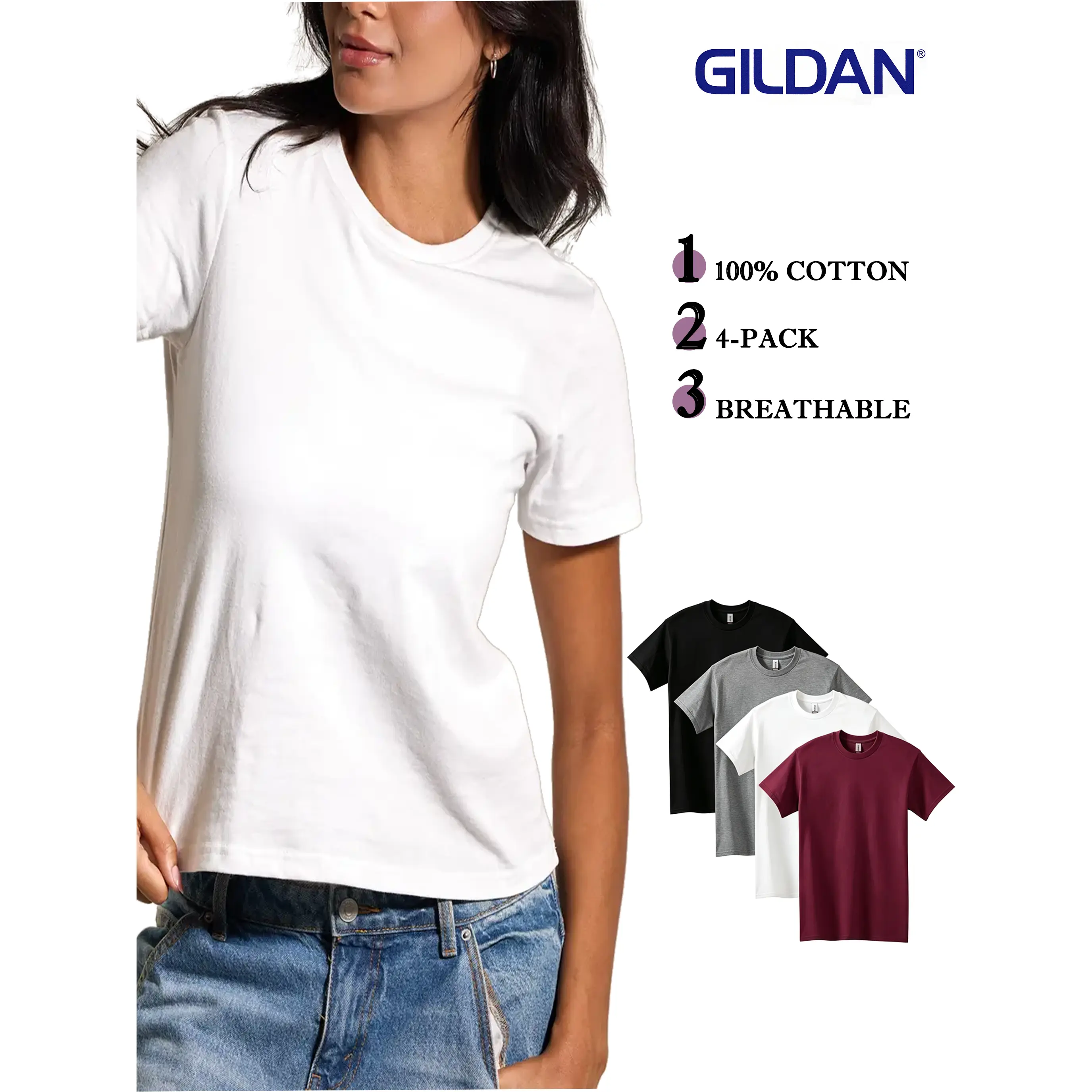 GILDAN 5000 Oversized Blank T Shirt Women 4 Pack Pure Heavyweight Cotton Tee Soft Drop Shoulder Plain Top Set Multi Color Basic Casual Wear Bulk