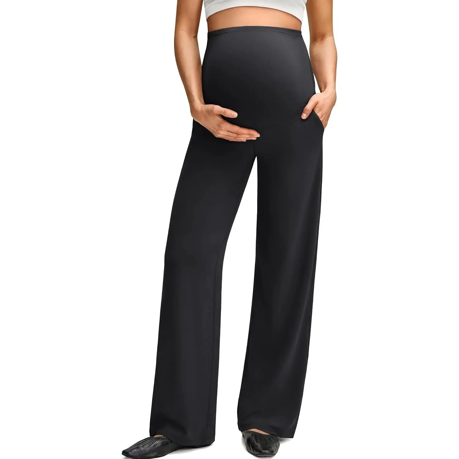 Maternity Pants Over the Belly Pregnancy Trousers for Work | High Waist Coverage,Two Side Pockets,Wide Leg Design,Soft Knit Fabric,for Dress Casual Yoga