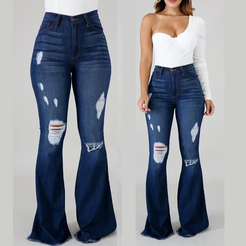 Women's high-elastic ripped jeans, high-waisted flared pants, factory direct sale