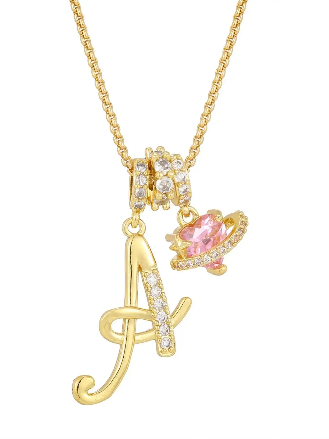 Gold-Tone A-Z Initial Letter Necklace with Pink Crystal Charm, Rhinestone Pendant Necklace for Women, Sparkling Personalized Jewelry for Daily Wear and Gifts, Dainty Letter Necklace