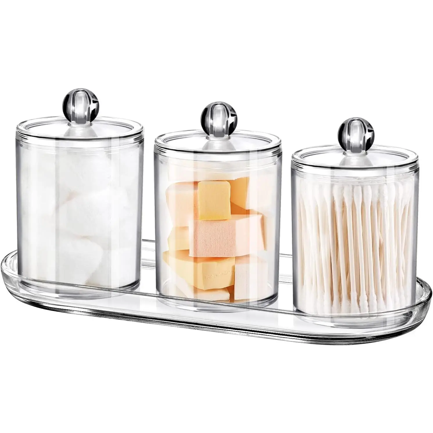 Qtip Holder Bathroom Set with Tray(4PCS) - 3 Pack  Plastic  Jars Qtip Dispenser Canister with Lid and Labels, 1 Pack Bathroom  Tray, for  Ball,  Swab(Clear)