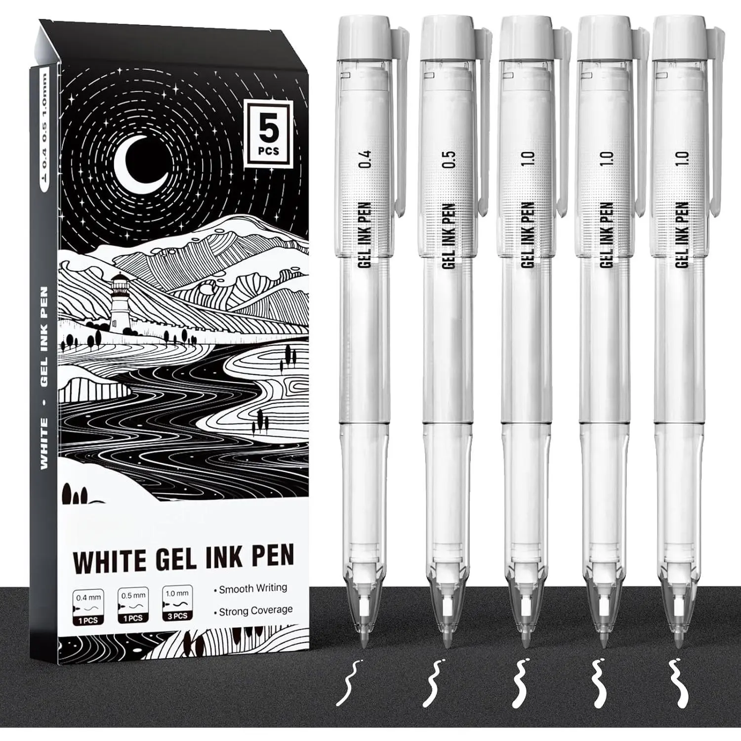 White Gel Pens with 0.4mm, 0.5mm & 1.0mm  Tips, Opaque White Ink Pens for Black Paper, Drawing, Journaling & DIY Crafts, Ideal Drawing Pens for Artists & Art Supplies, 5 Pack