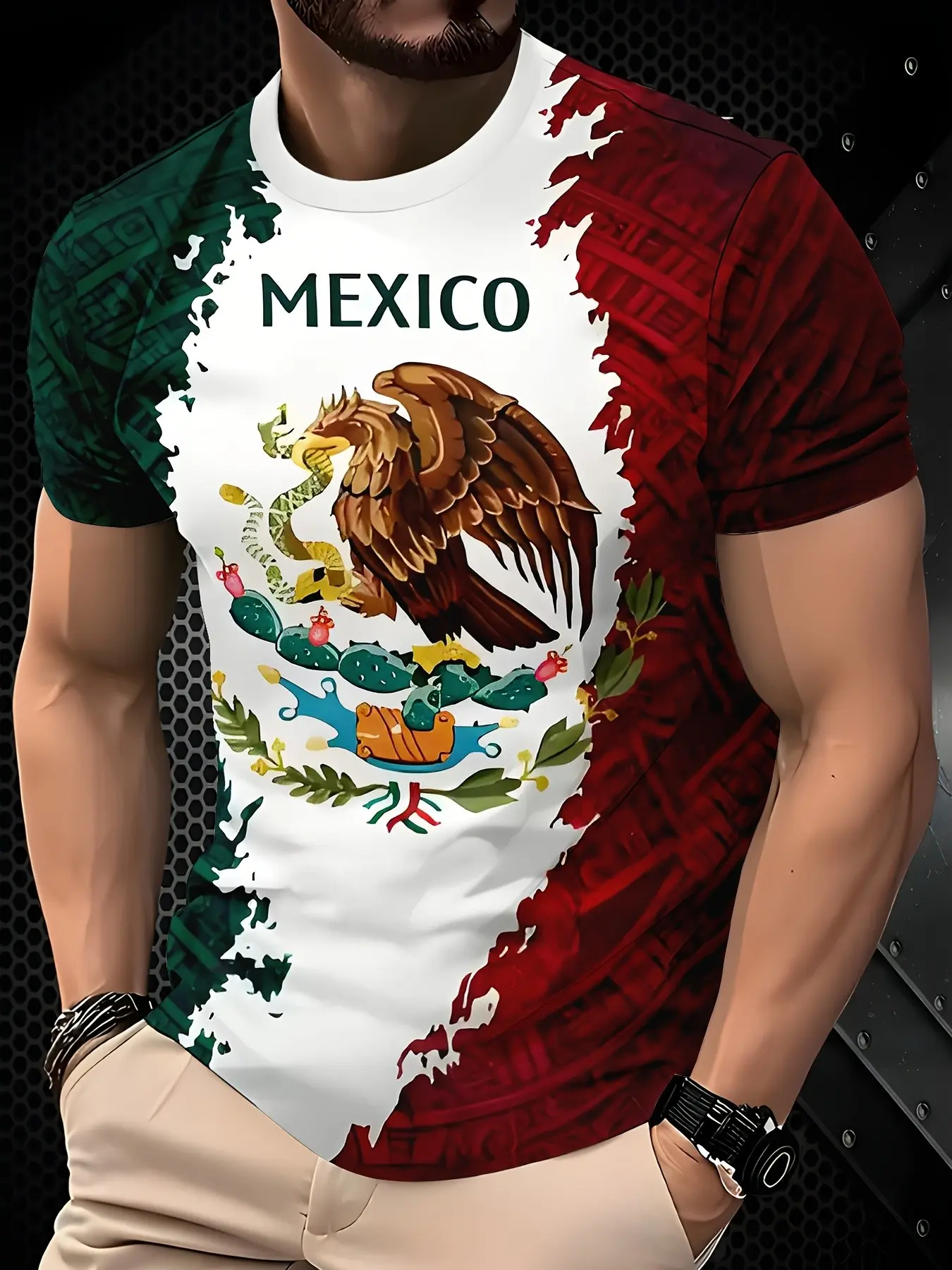 Men's Mexican Eagle Print Short Sleeve T-Shirt, Colorblock Vintage Casual Streetwear Top, Breathable Round Neck Summer Tee