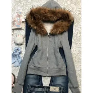 Vintage American Retro Solid Hooded Hoodie Women Winter Faux Fur Lined Zip Up Sweatshirt Cozy Fleece Pullover Streetwear Jacket