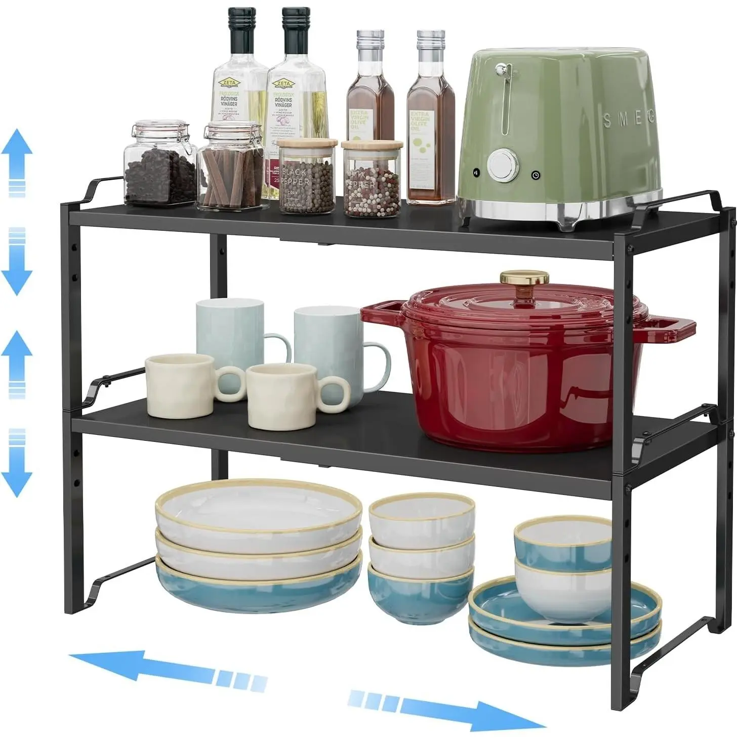 2 Pack 11” Width Expandable Kitchen Cabinet Organizer Shelves, Metal Kitchen Countertop Organizers and Storage Shelving, Heavy Duty Stackable Storage Rack Shelf For Pantry Cupboard Counter Tabletop