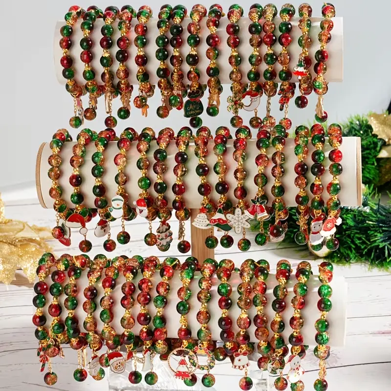 Unisex Casual Beaded Stretch Fit Bracelets Bulk (10/20Pcs) - Shiny Glitter Mixed Colors Gradient Red Green, Santa Snowman Tree Charms, Christmas Party Favors Stocking Stuffers Holiday Gifts