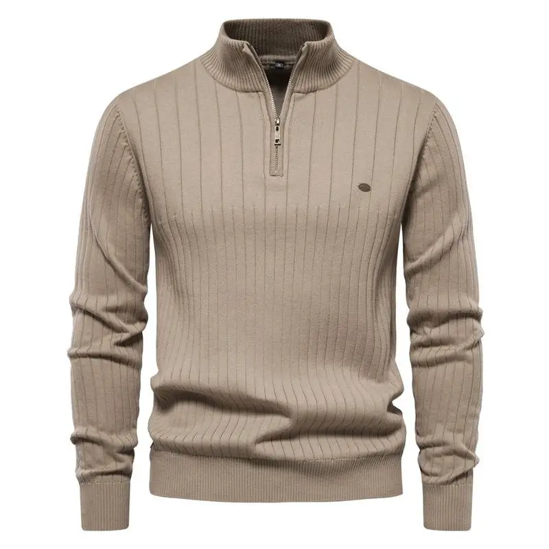 Stand Collar Cotton Men's Sweater Casual Half-Zip Solid Color Pullover High-Quality Men's Knitwear