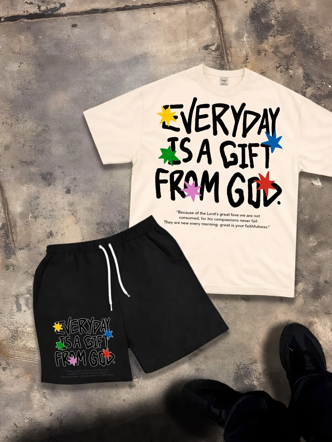 Classic everyday casual stretch breathable faith bible quote colorful star graphic short top and black knee length shorts matching set for young guys for mall outing backyard picnic weekend gathering trending mens spring summer streetwear fashion inspo