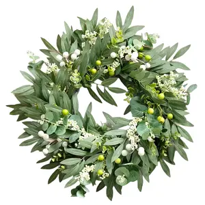20 Inch Artificial Olive Wreath for Front Door All Season, Faux Eucalyptus Greenery Wreath with Berries, Farmhouse Welcome Door Wreath Garland for Wall Window Porch Indoor Covered Outdoor Home Decor