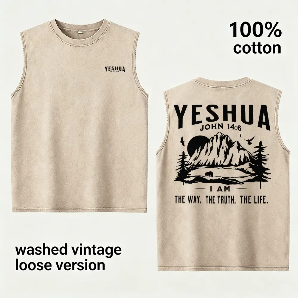 Yeshua John 14:6 Tank Top Men's 100% Cotton Sleeveless T-Shirt Vintage Washed Christian Mountain Muscle Vest Loose Fit Faith Graphic Gym Tee Streetwear, Religious Birthday Gift for Husband Boyfriend Dad