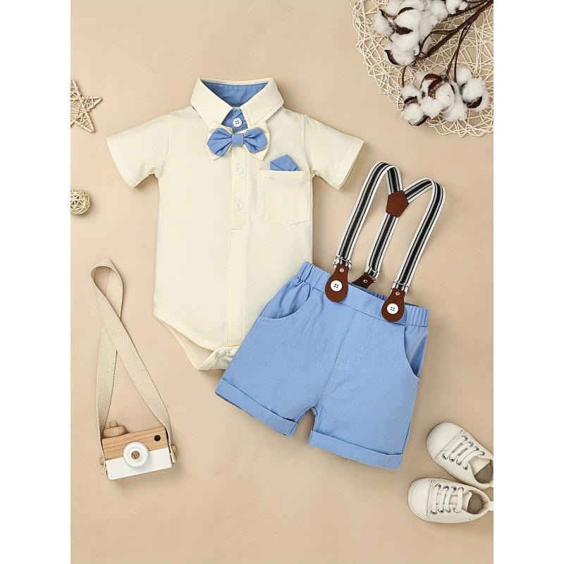 Baby Boy Gentleman Outfit Valentine's Day Baby Romper Shirt with Bow Tie and Suspender Shorts Baby Suit Set