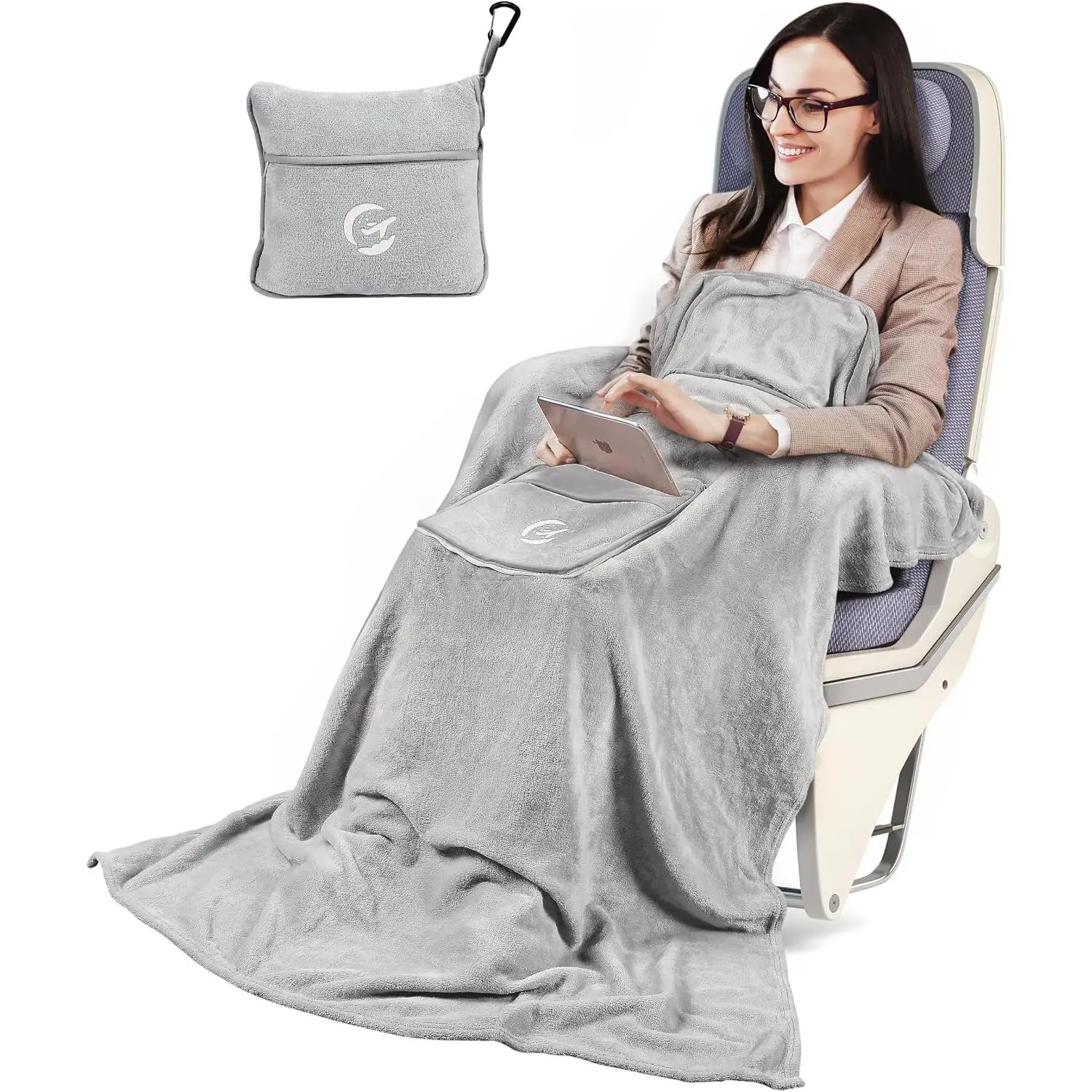 Travel Blanket Airplane Compact with Bag - Cozy Travel Pillow Blanket for Long Flight, Airplane Travel Essentials, Packable and Lightweight Travel Blanket and Pillow Set for  & Adults,