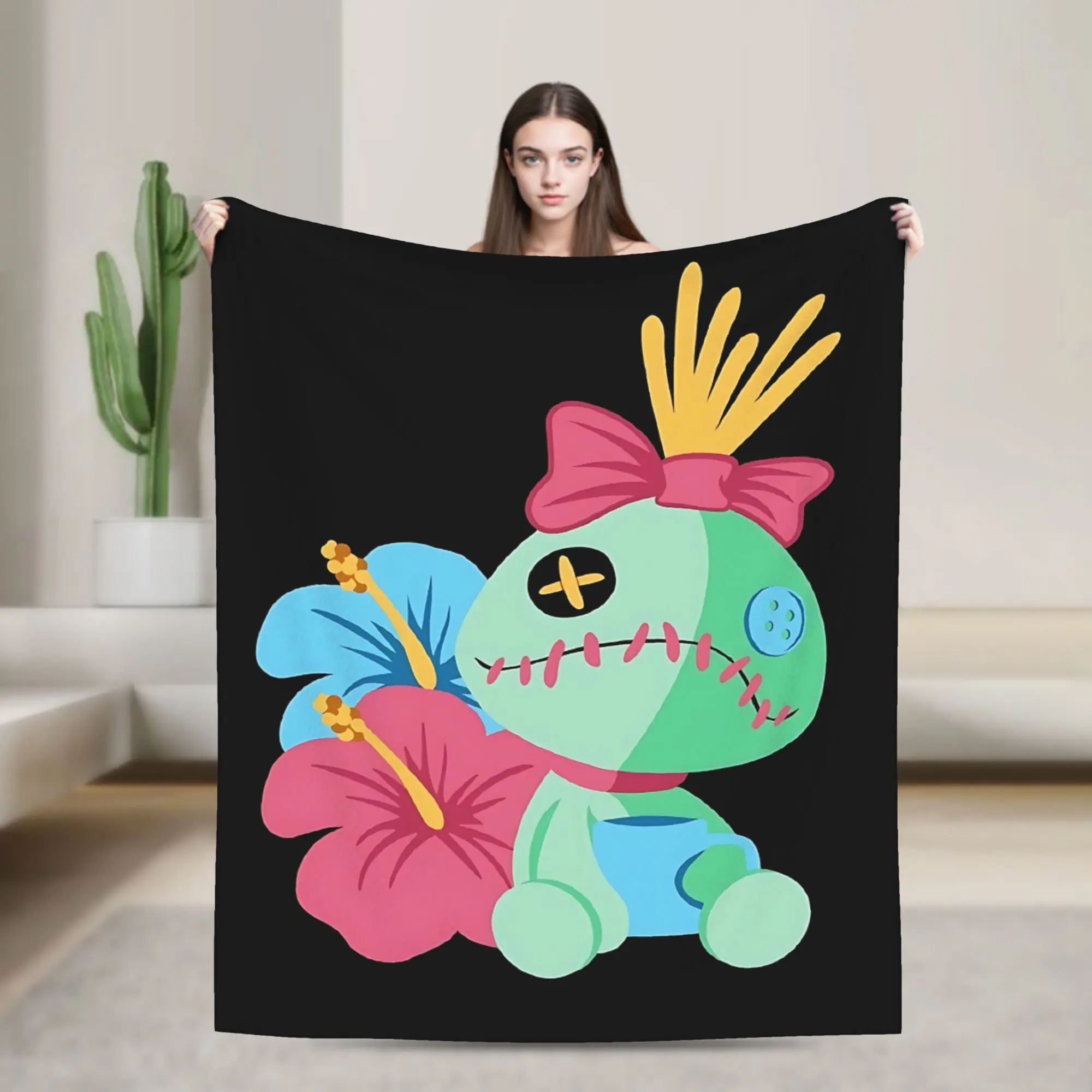 Scrump Tropical Hibiscus Flower Black Background Flannel Throw Blanket Lilo & Stitch Cartoon Warm Blanket Gift Fans All Ages