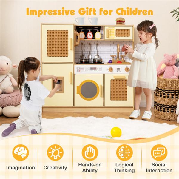 Kids Wooden Kitchen Playset 3+ with Fridge Sink Washing Machine with Realistic Light Sound Rattan Doors - Yellow