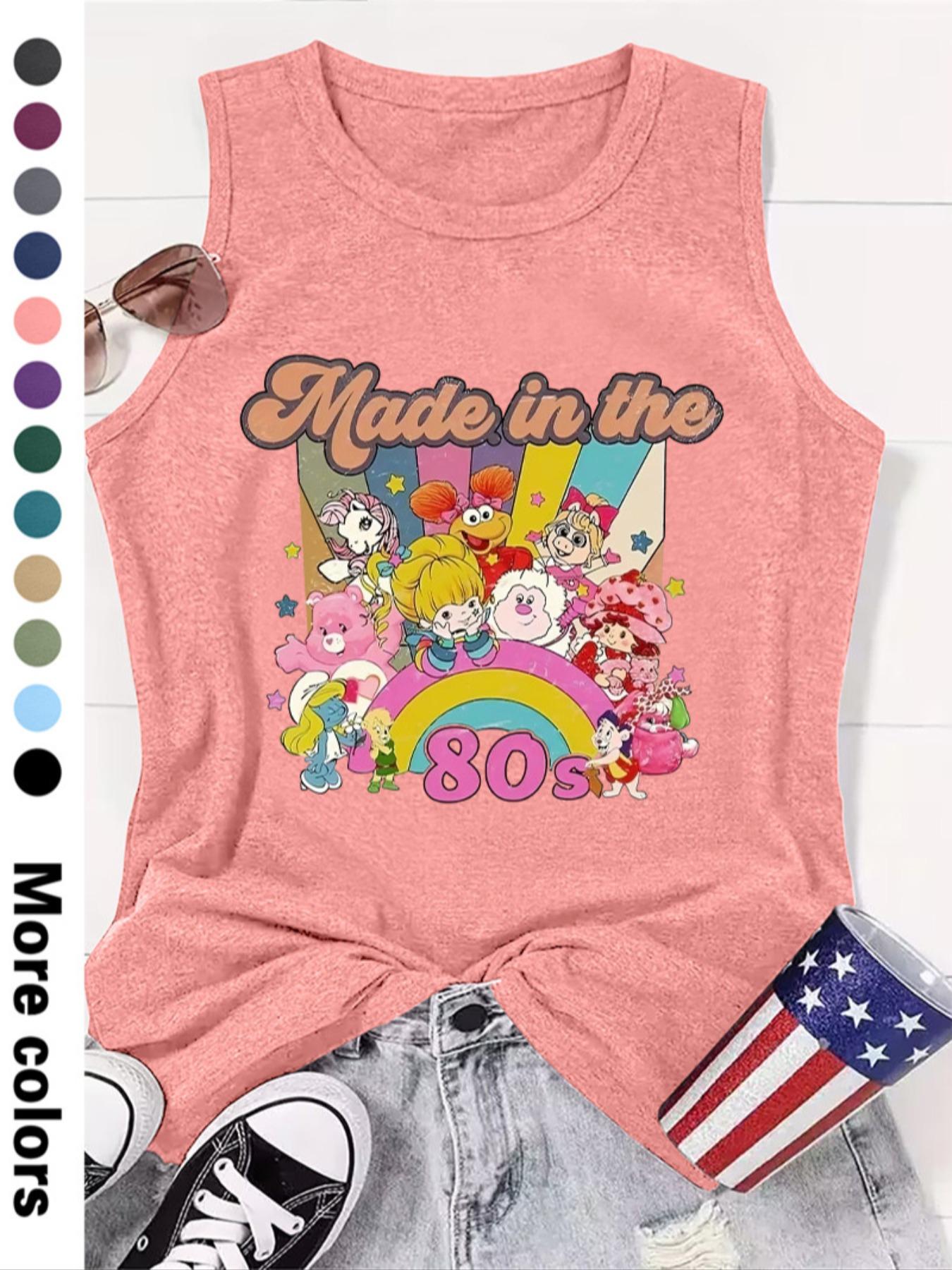 Fashionable Women's Cartoon Letter Print Round Neck Sleeveless Vest, Comfortable Knit Fabric, Summer Fitted Style, Available in 12 Colors