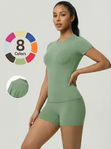 Women's Two-Piece Crewneck Short Sleeve Top and Shorts Set, Sexy Casual Design, Comfortable Fit, Perfect for Daily Wear, All Seasons, Plain Style