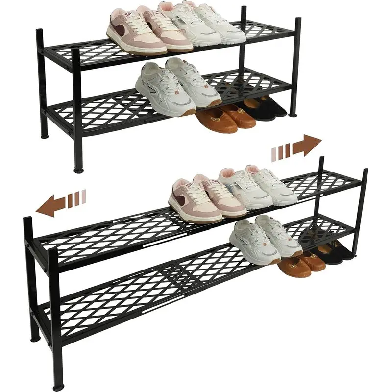 Shoe Rack, 45.6" Expandable Shoe Storage Organizer for Closet - Stackable |   2-Tier Metal Long Shoe Shelf with Sturdy Wire Grid Shoe Stand Holder for Entryway, Garage, Bedroom, Door Entrance, Black