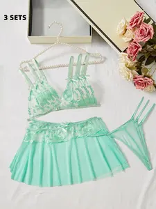 Women's Embroidery Semi-sheer Sexy Strappy Lingerie Three-piece Set, Chic Comfy Breathable Bra & Thong & Garter Belt Set for Daily Wear, Women Sexy Lingeries & Costumes sexy altgirl curvy Everyday Lingerie