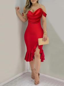 women's faux pearl decor cold shoulder ruffle hem dress, elegant chic formal backless high low hem bodycon gown for party club dating wear, women's clothing for fall & winter, black girl outfits, fall dresses valentine's day, gift, womenswear