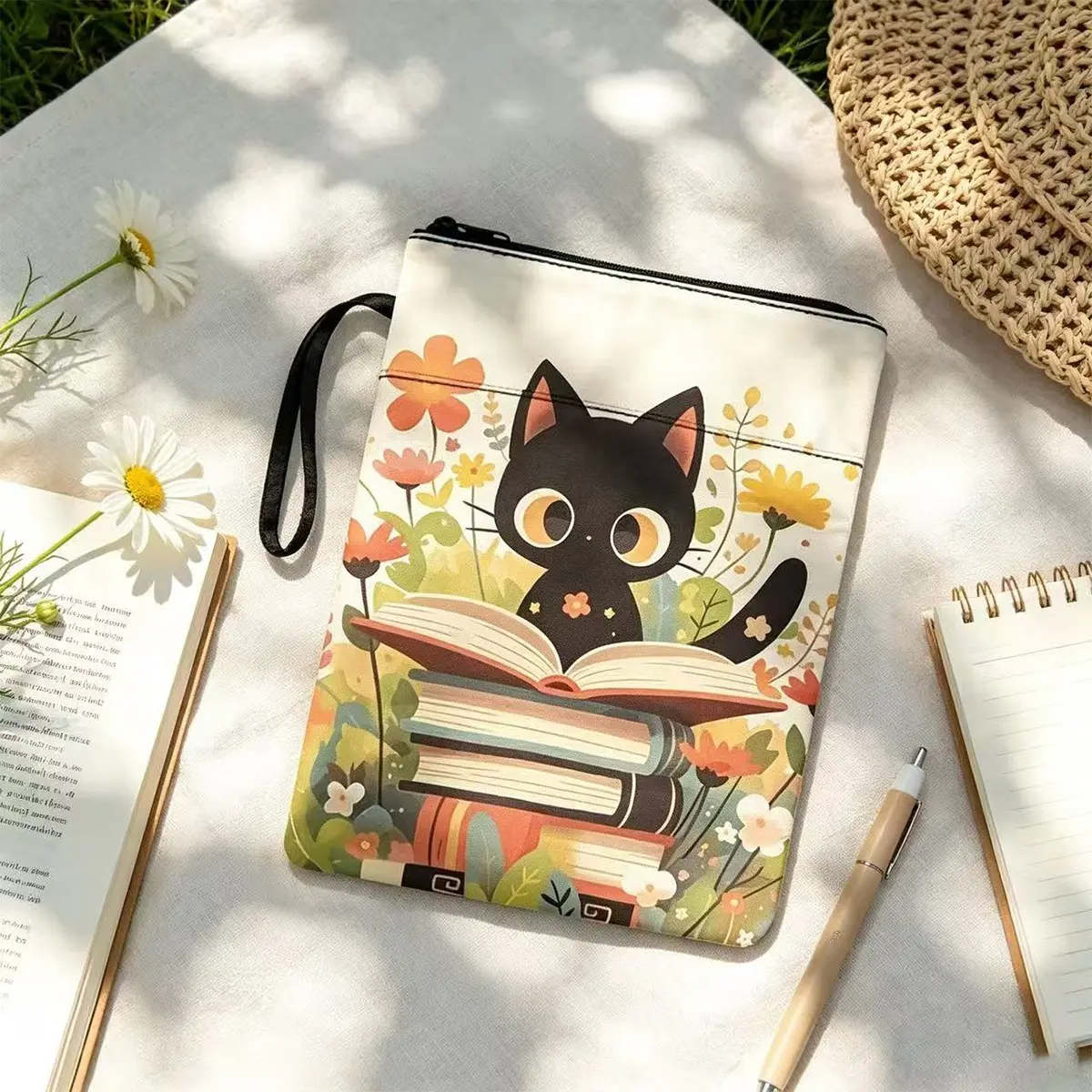 Multi-Pocket Tote Backpack, Durable Washable Fabric, Ideal for Books Tablets Phones Stationery, Hua Cong Book Cat Print, Classic Style