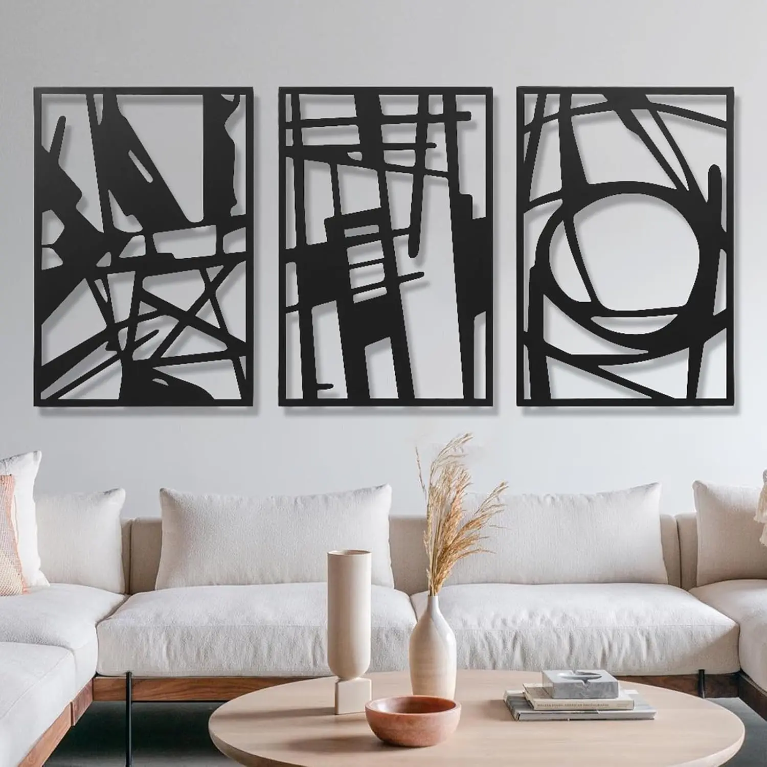 AMAATE 3-Piece Industrial Artistic Lightweight Modern Abstract Black Metal Wall Art Set, Minimalist Geometric Line Sculptures, Hollow Hanging Decor for Living Room, Ideal Home Gift, 14.6"x22.5", Black Accent Wall Arts