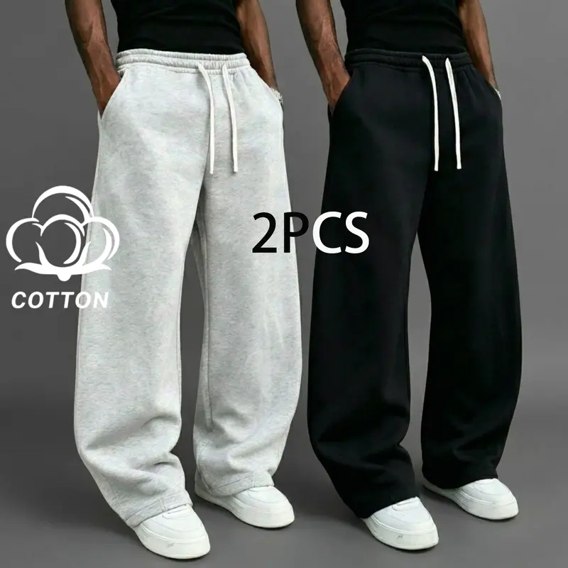 URMCZ Men's 2-Piece Baggy Sweatpants - Casual Athleisure Pants, Adjustable Wide-Leg Drawstring Men's Pants, Elastic Drawcord, Super Soft Summer Machine-Washable Fitness Gym Bottoms for Running/Gym