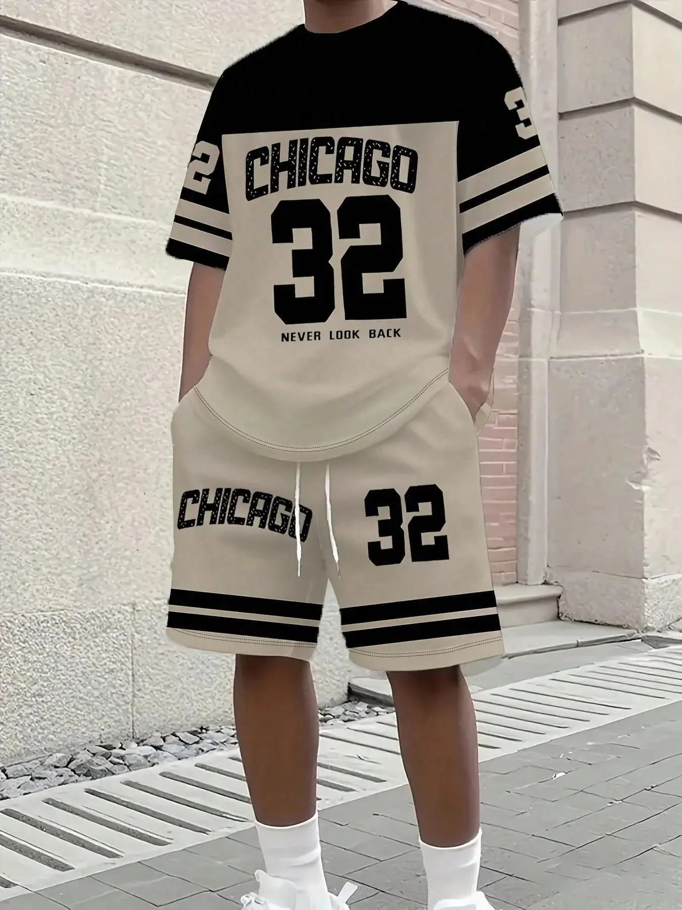 Men's Urban Breathable Casual Digital Print Two-Piece Set, Chicago 32 & La 79 Prints, Short Sleeve Top and Drawstring Shorts, Summer Streetwear