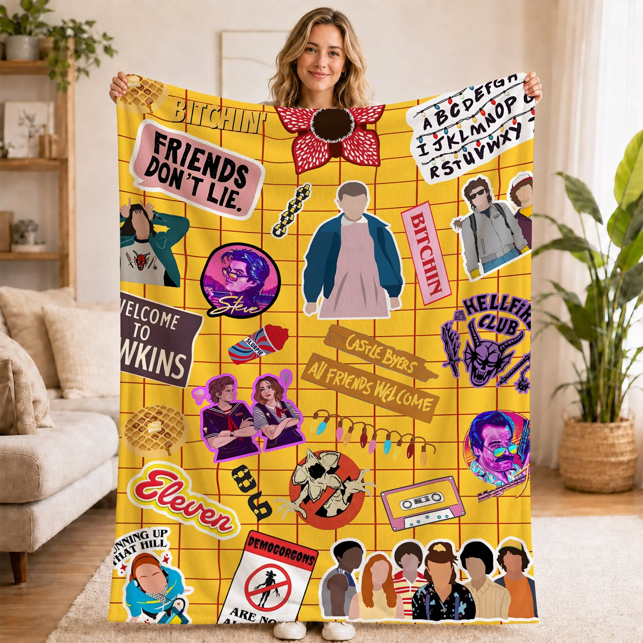 Stranger Things Retro Sticker Collage Flannel Fleece Blanket, Luxury Soft Warm Fuzzy Throw, Couch Bed Room Nap Use