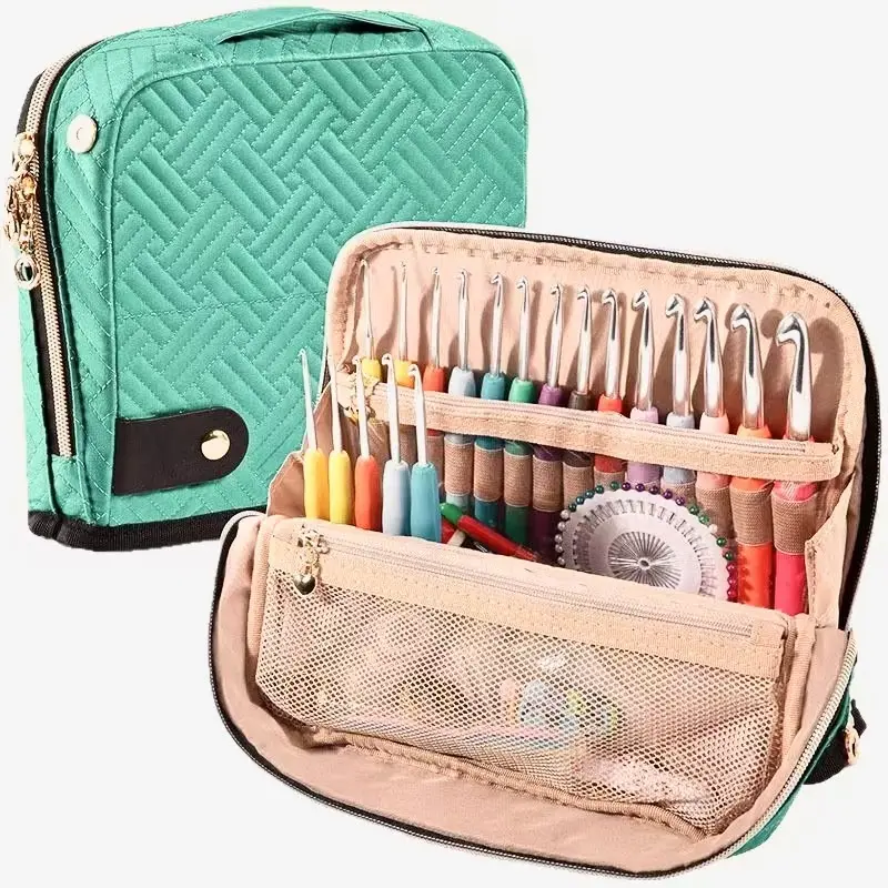 Quilted Fabric Knitting Supply Storage Bag, Multifunctional Yarn Tote With Large Capacity. Handheld Craft Organizer Keeps Crochet Needles, Threads And DIY Weaving Supplies Neatly Sorted For Home Handmade Crafts And Travel Use.