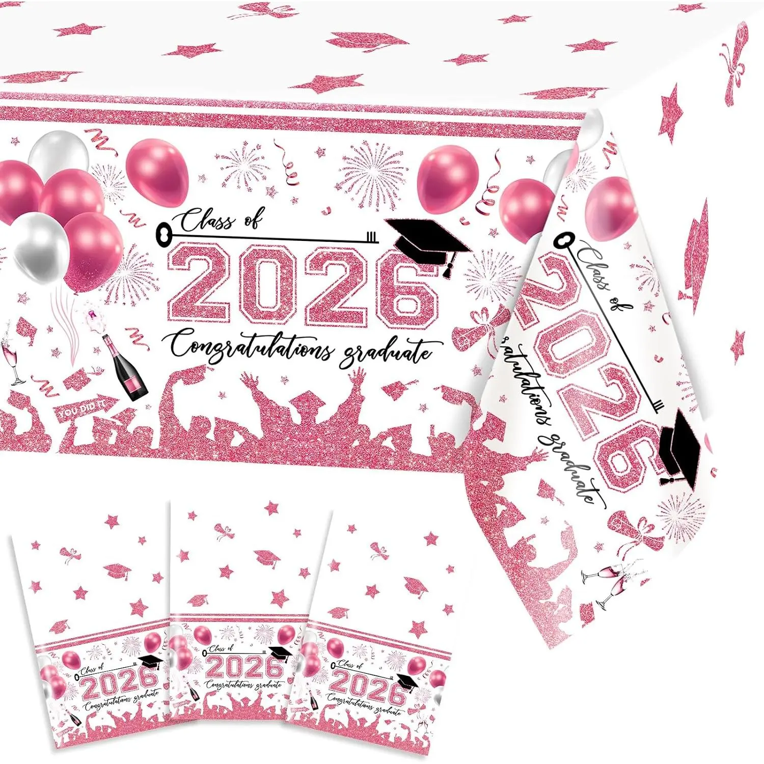 3 count Graduation Tablecloths 108x54 inch Graduation Table Cloths Class of 2026  and White Grad Party Tablecover Decorations Plastic Disposable