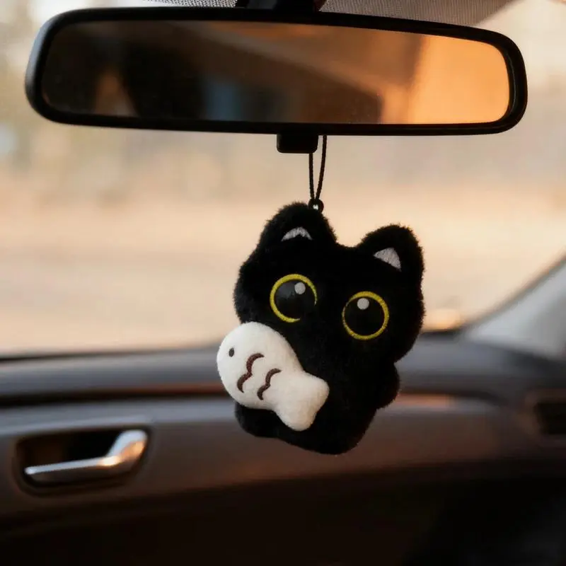 Cute Plush Fabric Black Cat Charm - 1/4pc Luggage & Bag Pendant, Car Rearview Mount Accessory, Keychains for Women
