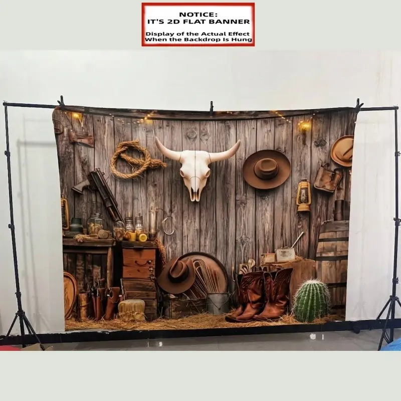 2D Flat Banner, 1pc Printing Banner, Western Cowboy Background - Polyester Fabric Photography Backdrop & Party Banner Decorations - for Family Celebrations, Home Party Decorations, Party Decorations Banners
