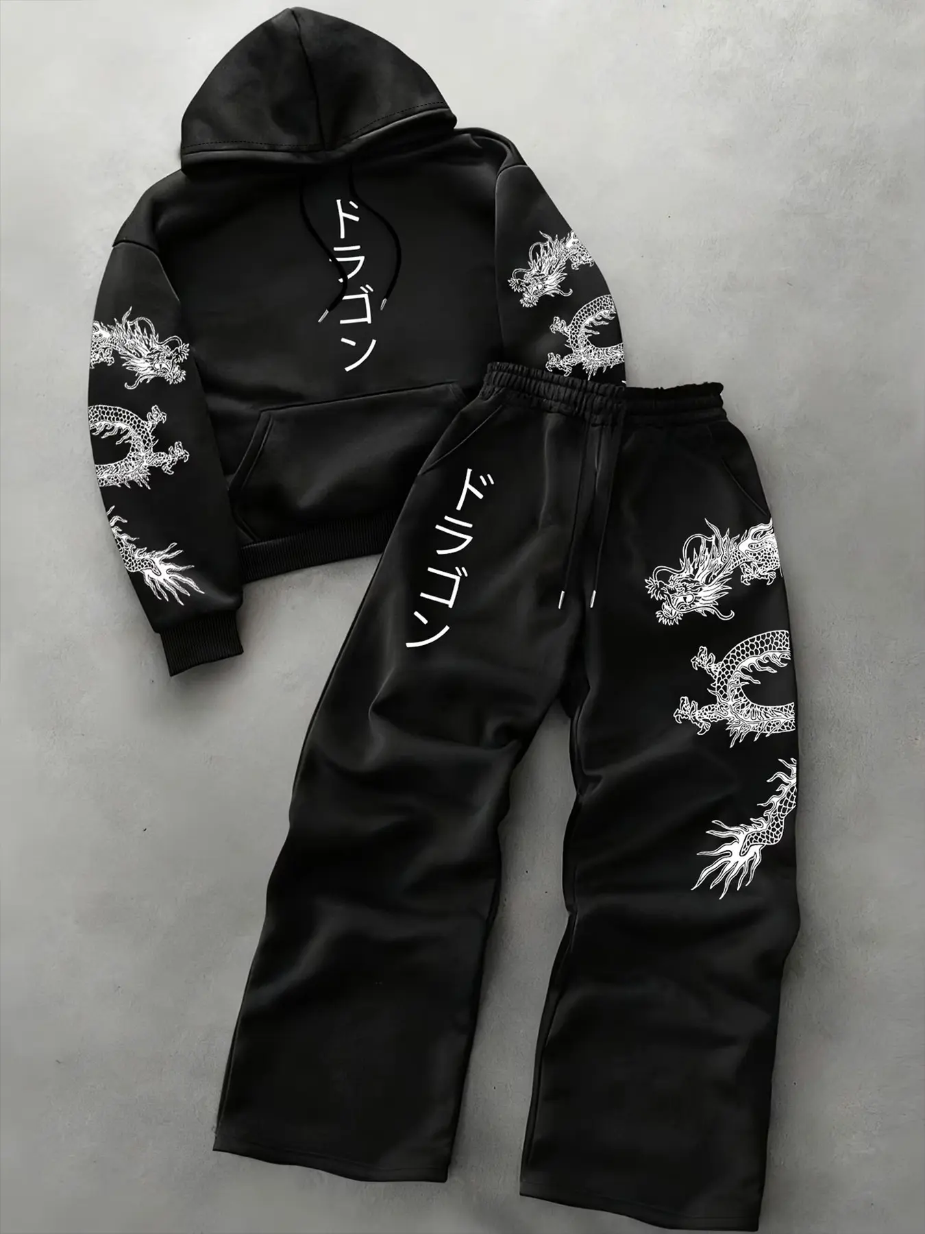 Dragon Print Casual Set, Hooded Sweatshirt with Dragon Pattern, Loose-Fit Drawstring Pants, Unisex Streetwear, Spring & Fall
