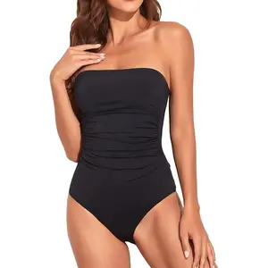 Holipick Women Elegant Tummy Control One Piece Swimsuits Strapless Bandeau Full Coverage Bathing Suits Slimming Halter Swimwear Swimming Clothing