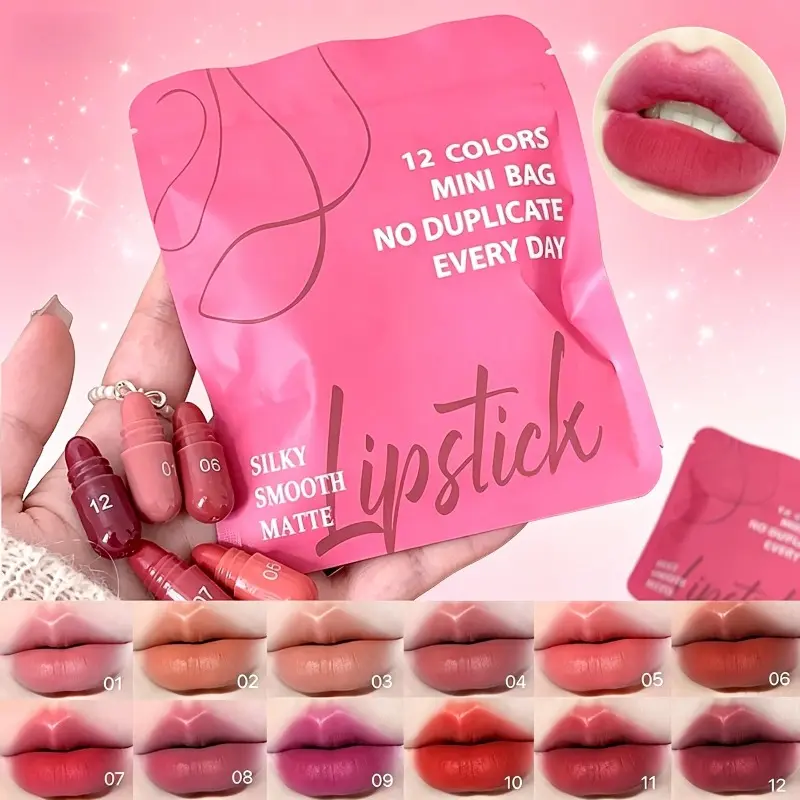 12 Pieces Mini Capsule Matte Lip Gloss Set, Smooth Pigmented Shades of Pink, Red and Brown, Lightweight, Easy to Apply and Long-Lasting, Moisturizing Lipstick Gift Box, Ideal Cosmetic Gift for Festivals