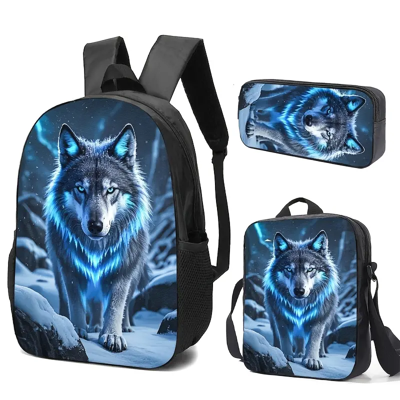3pcs Snow Wolf Backpacks. Featuring a Stylish Handle Design And Spacious Enough for Laptops, These Bags Are Ideal for Everyday Use And Make Excellent Gifts for Loved Ones, Backpack, Backpack Men, 2D Flat