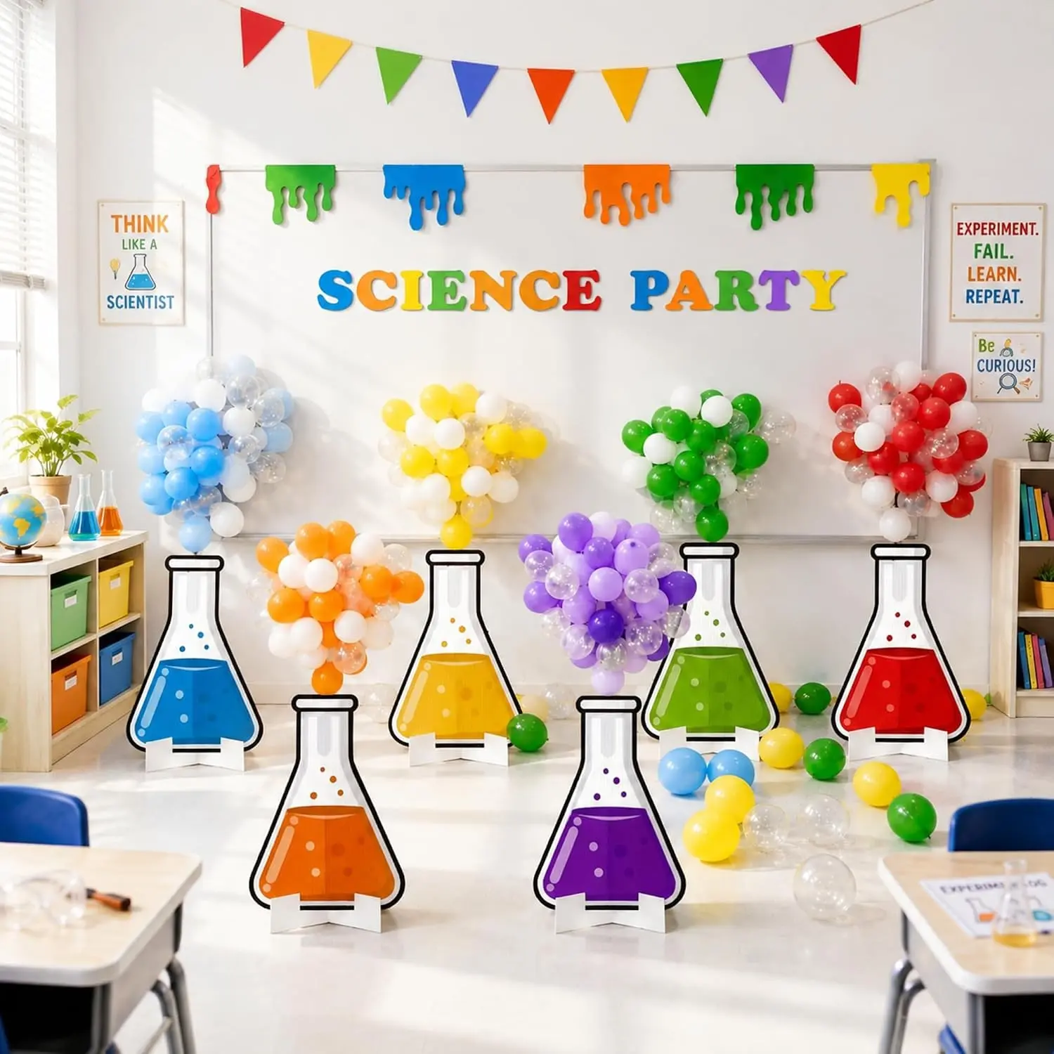 178 Pcs Science Decorations for Classroom Back to School,Classic Erlenmeyer Flask Cutouts Cardboard Colorful Balloons for Mad Scientist Classroom Birthday Back to School Science Fair Decor