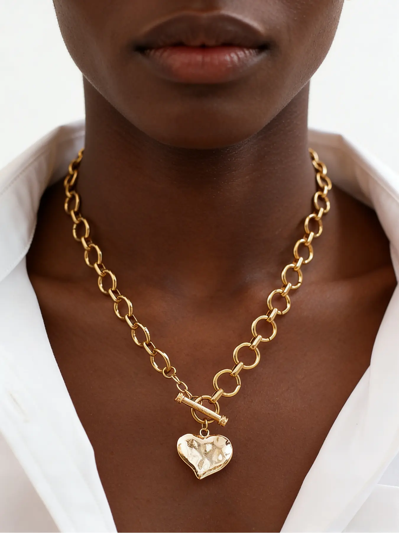 18K Gold Plated Hammered Heart Toggle Necklace for Women, Chunky Stainless Steel Chain with OT Clasp, Minimalist Statement Jewelry Available in Gold & Silver, Perfect for Daily Wear, Party & Gift Giving