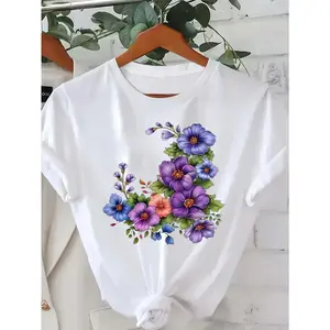 Fashionable & comfy printed tee featuring exclusive floral artwork with vivid purple and blue blooms, ideal for daily summer outings.180gsm, 100% Cotton.