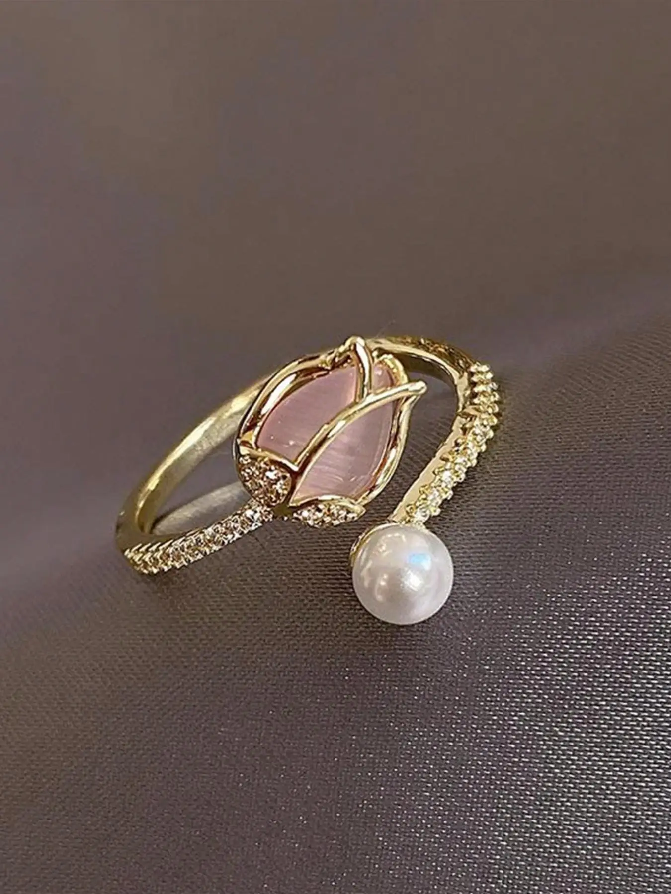 Faux Pearl & Flower Decorated Cuff Bypass Ring, Artificial Gemstone Decor Adjustable Jewelry for Women, Engagement Ring Accessories for Party, Daily
