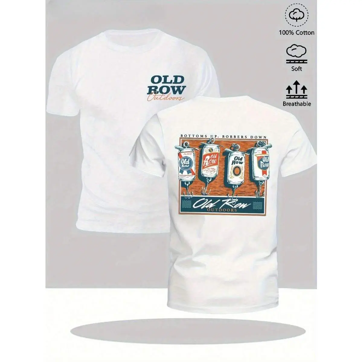 Old Row Outdoors Bottoms Up Bobbers Down Double Sided T-Shirt, Beer Can Fishing Hook Graphic Tee, 100% Cotton Soft Breathable Unisex Short Sleeve Shirt, Gift For Fishermen Outdoor Lovers