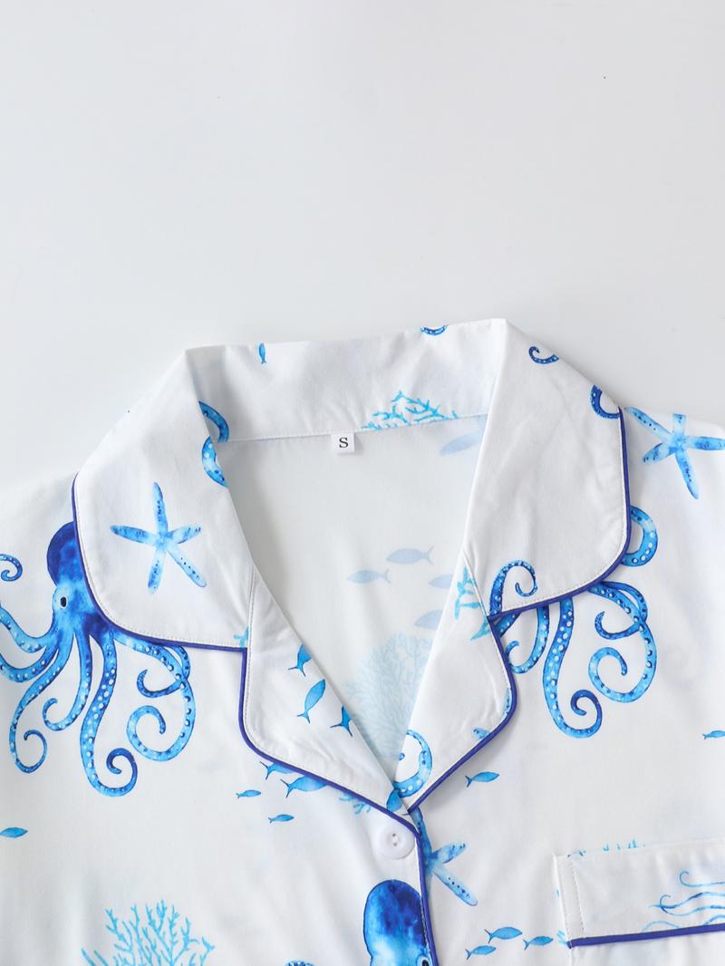 Women's Octopus Print Button Front Shirt & Shorts Pyjama Set, Comfort Two-piece Pj Set for Homewear, Women's Sleepwear for All Seasons, Womenswear, Summer Sleepwear Set