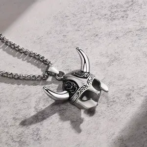 1pc Vikings Mask Helmet Pendant Necklac, Nordic Celtic Knot Necklaces For Men Vintage Amulet Jewelry Gift