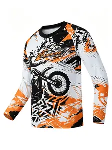 Men's Multicolor Off-Road Rider Ink Print Long Sleeve Sport Top, Mud Motorcycle Pattern, Breathable Quick-Dry Mesh Tee