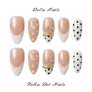 Dolla Nails 100% Handmade 3D Almond Press-On Nails | Hailey Bieber French Tip | Glossy Nude Base White Sculpted Tip Black Polka Dots Pearl | Minimalist Design | Salon Quality | Reusable | No Nail Damage | Perfect for Daily Wear & Vacation