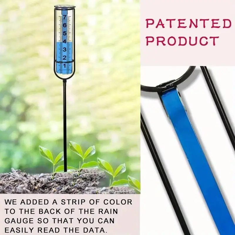 Outdoor Rain Gauge with Detachable Black Metal Stake, Transparent Clear Tube Rainfall Measuring Instrument, Large Bold Scale Easy Read Rain Meter for Yard Lawn Garden Farm Weather Monitoring