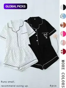 Women's All Over Print Woven Casual Loungewear Set, Contrast Binding Pocket Button Top & Elastic Shorts Pajama Set, Ladies Summer Pjs Nightwear