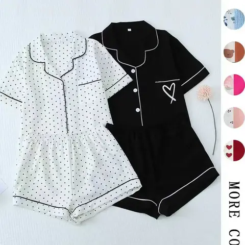 Women's All Over Print Woven Casual Loungewear Set, Contrast Binding Pocket Button Top & Elastic Shorts Pajama Set, Ladies Summer Pjs Nightwear Matching Pj Set #GLOBAL PICKS
