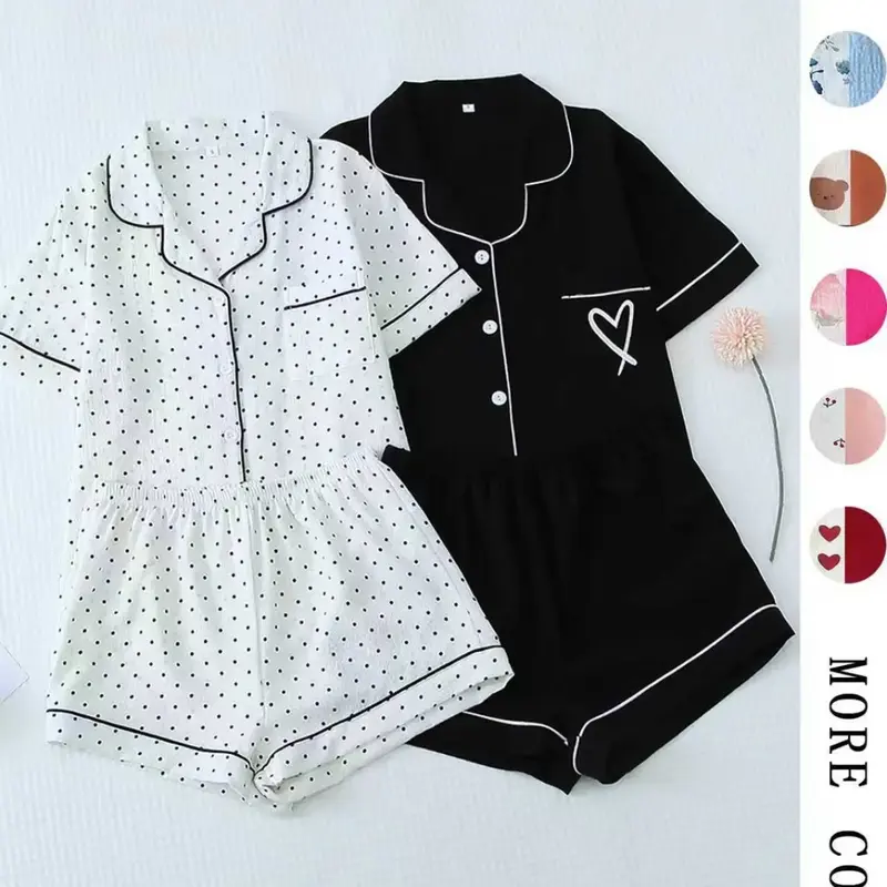 Women's All Over Print Woven Casual Loungewear Set, Contrast Binding Pocket Button Top & Elastic Shorts Pajama Set, Ladies Summer Pjs Nightwear Matching Pj Set #GLOBAL PICKS